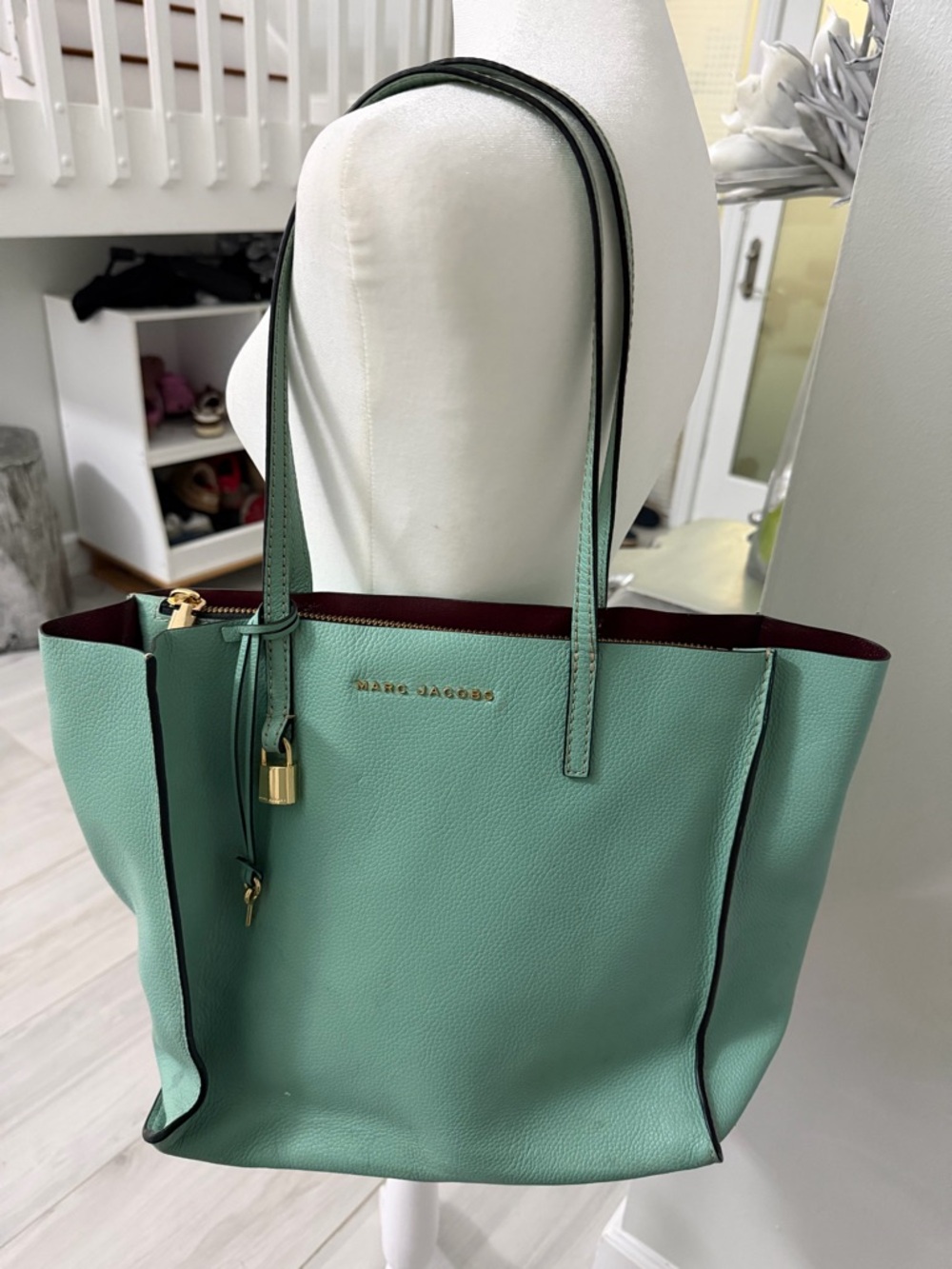 Marc Jacobs Mint Green Leather Tote with Burgundy Interior